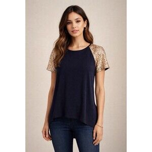 Katie Women’s Short Sleeve Sequins Sheer Blouse Large Bling Festive Holiday Top